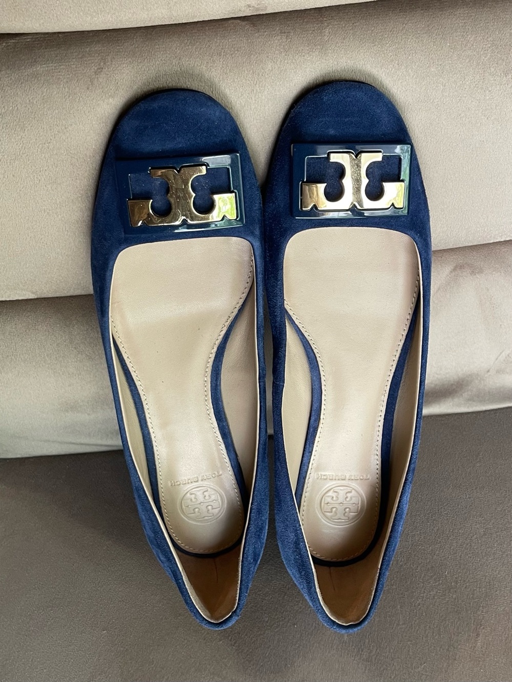 Tory Burch Navy Blue Suede Block Heels - Picture 2 of 5